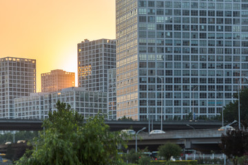 city financial district at sunrise/sunset.