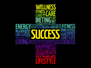 SUCCESS word cloud collage, health cross concept