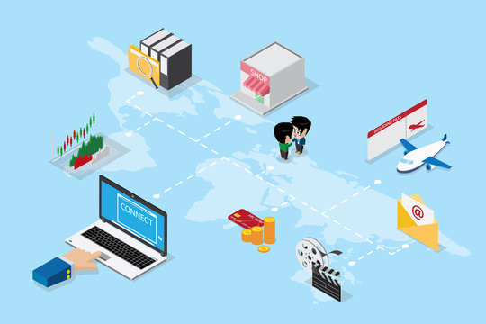 isometric business hand using laptop to online and connect the world, business concept