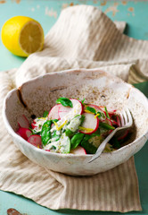 snap pearadish salad herbed yogurt..style rustic.selective focus