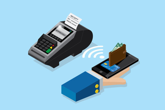 Isometric Payment By Smartphone With Pos Terminal, NFC Technology And Business Concept