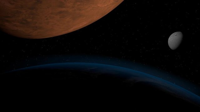 Cinematic depiction of three planetary bodies in deep space.