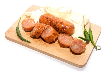 smoked grilled sausage on white background