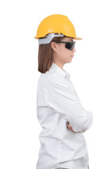 Architect or Engineer. woman Look smart portrait with crossed arms. Woman wearing protect helmet