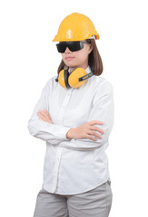 Architect or Engineer. woman Look smart portrait with crossed arms. Woman wearing protect helmet