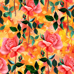Golden seamless pattern with watercolor roses and butterflies