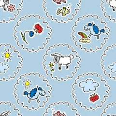 Selbstklebende Fototapeten Kids cute seamless pattern with lambs, sweets and ponies in curly frames. Baby pink girlish color. For decoration paper and textiles. Vector illustration. © eternal_monday