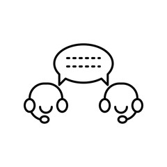 Line icon picture. 2 person in headphones talk in speech bubble chat. Editable stroke. Vector illustration.