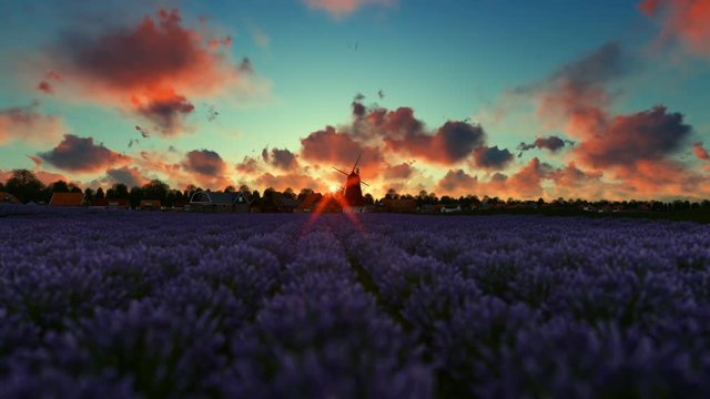 French lavander village with old windmill against beautiful timelapse sunrise