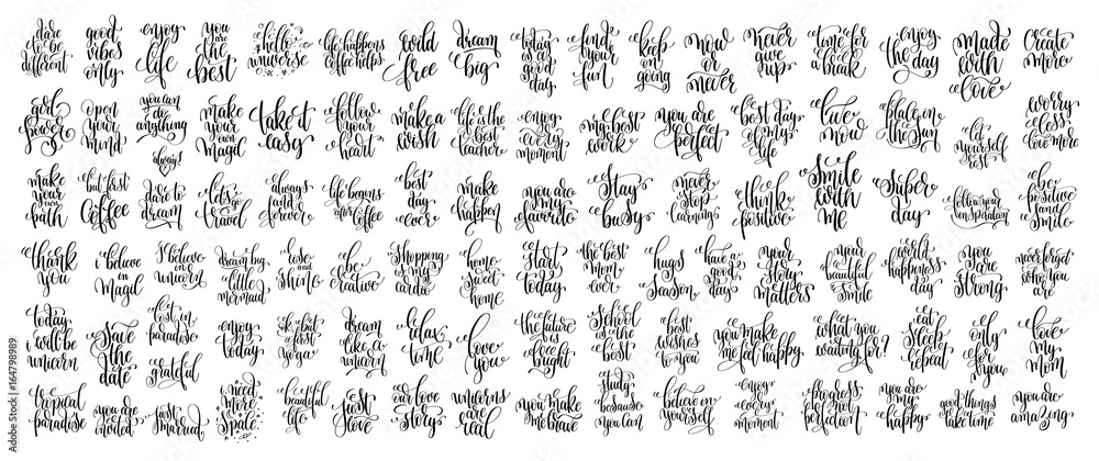 Sticker mega set of 100 hand lettering inscription, motivation and inspi