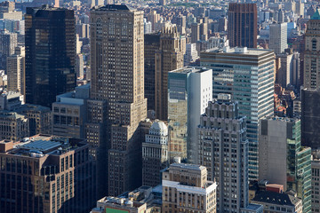 New York City Manhattan skyline aerial view with skyscrapers in the morning sunlight