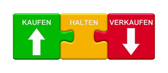 3 Puzzle Buttons zeigen Börsen Konzept: Kaufen Halten Verkaufen