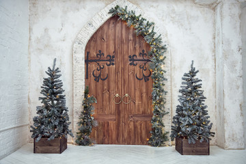 Christmas interiors. Christmas decorations on wooden doors. Christmas trees in bright room.