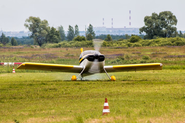 Taxiing of a small sports plane on the airfield