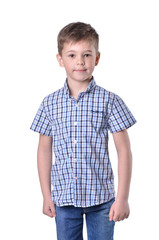 Schoolboy in fashionable blue checkered shirt on white background