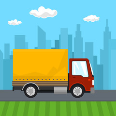 Transportation and Cargo Services, Red Orange Cargo Delivery Truck on the Background of the City, Shipping and Freight of Goods,Vector Illustration