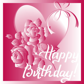 Happy Birthday lettering and bouquet of roses on purple background