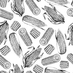 Vector hand drawn seamless pattern of corn cobs. Farm vegetables. Engraved art. Organic sketched objects.