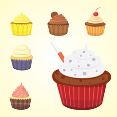 Set of cute vector cupcakes and muffins. Colorful cupcake isolated for food poster design.