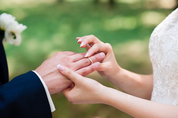 The newlyweds wear rings.