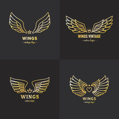 Gold wings outline logo vector set. Part one.