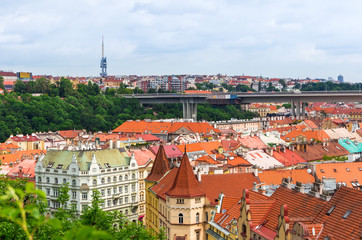 Fototapeta premium Prague with Nuselsky bridge (Nuselsky Most) and TV tower in background, Czech republic