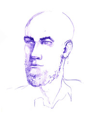 Vector Drawing illustration of man face. The head of an adult man with a beard painted with a pencil. Punk rocker bearded