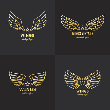 Gold wings outline logo vector set. Part one.
