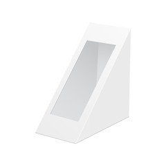 White blank cardboard triangle box for sandwich. Packaging box mockup with window isolated on white background. Vector illustration