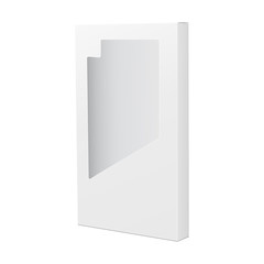 Slim blank box mockup with transparent window isolated on white background. Thin box for mobile phone accessories. Vector illustration