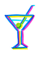 Glass of martini with olive painted in bright neon felt highlighter pen on clean white background - 164804128