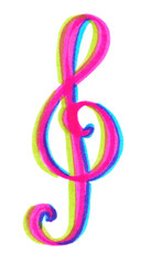 Obraz premium Pink musical sign treble clef painted in bright neon felt highlighter pen on clean white background