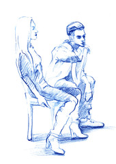 Vector Pencil isolated silhouette of a girl and a guy are sitting