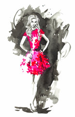Vector Fashion woman in red. Watercolor illustration.