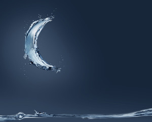 A crescent made of water shining moonlight on the scene.