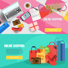 Online shopping horizontal banners with laptop, smartphone and purchases. E-commerce business concept. Online shopping creative vector illustration.