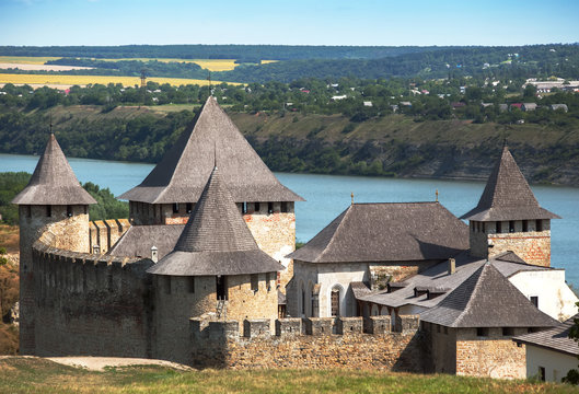 Medieval fortress with towers and defensive walls in the Hotyn Chernivtsi region Ukraine
