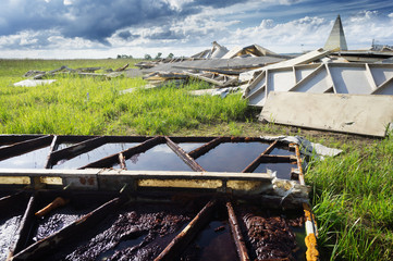 the wreckage of the pyramid in the Moscow region on the background of new small Pyramid, Russia
