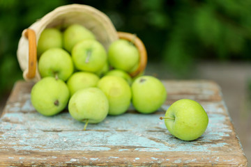 Homemade rustic green apples in a basket on an old stool.
