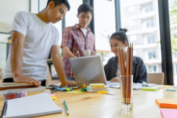 university students in library learning and working together, education and learning concept