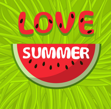 Watermelon red slice summer love icon design positive funny flat vector illustration on green grass background