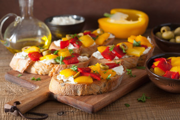 italian bruschetta with roasted peppers goat cheese olives