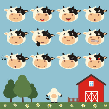 Emoticons set face of cow in cartoon style. Collection isolated heads of cow in different emotion and his body on meadow with farm.