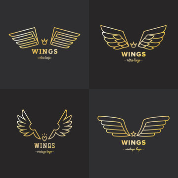 Gold wings outline logo vector set. Part three.