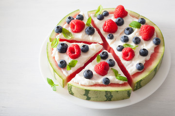 watermelon pizza slices with yogurt and berries, summer dessert
