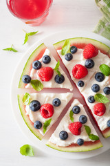 watermelon pizza slices with yogurt and berries, summer dessert