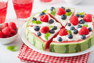 watermelon pizza slices with yogurt and berries, summer dessert