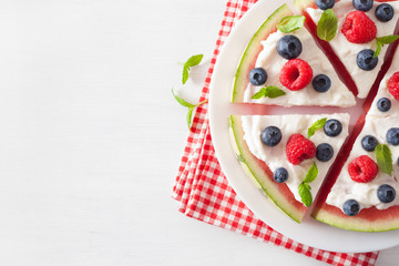 watermelon pizza slices with yogurt and berries, summer dessert