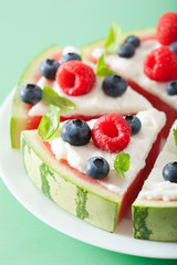 watermelon pizza slices with yogurt and berries, summer dessert