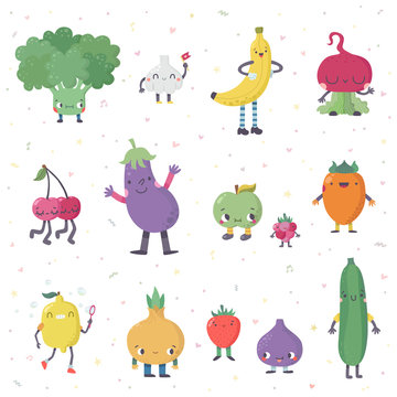 Cute cartoon live fruits and vegetables vector set. Part two.